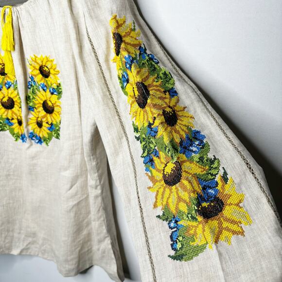 Needlepoint Yellow Sunflower Peasant Blouse Womens 46/XL Drawstring Neckline - Picture 5 of 12